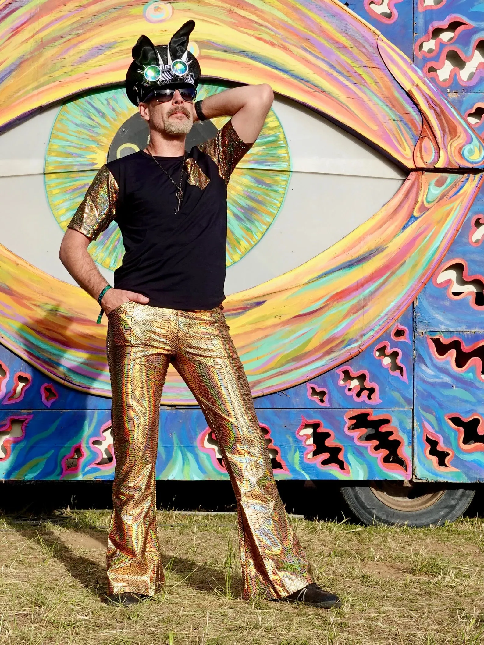 4 Pocket Snake Gold Flare Pants - Holographic Metallic Snake Print Bell Bottoms