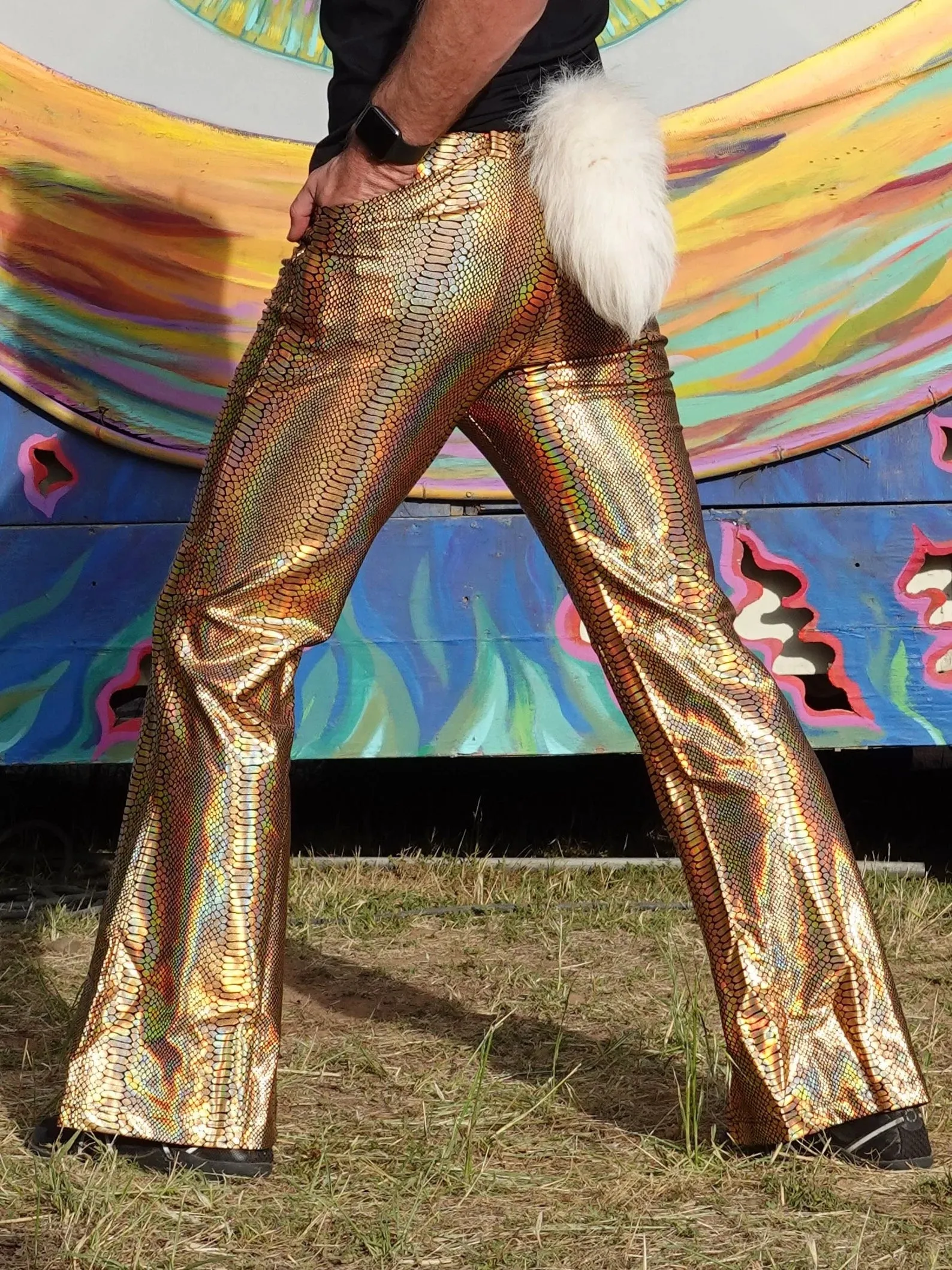 4 Pocket Snake Gold Flare Pants - Holographic Metallic Snake Print Bell Bottoms