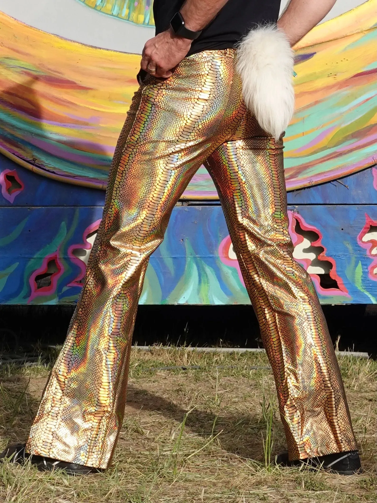 4 Pocket Snake Gold Flare Pants - Holographic Metallic Snake Print Bell Bottoms