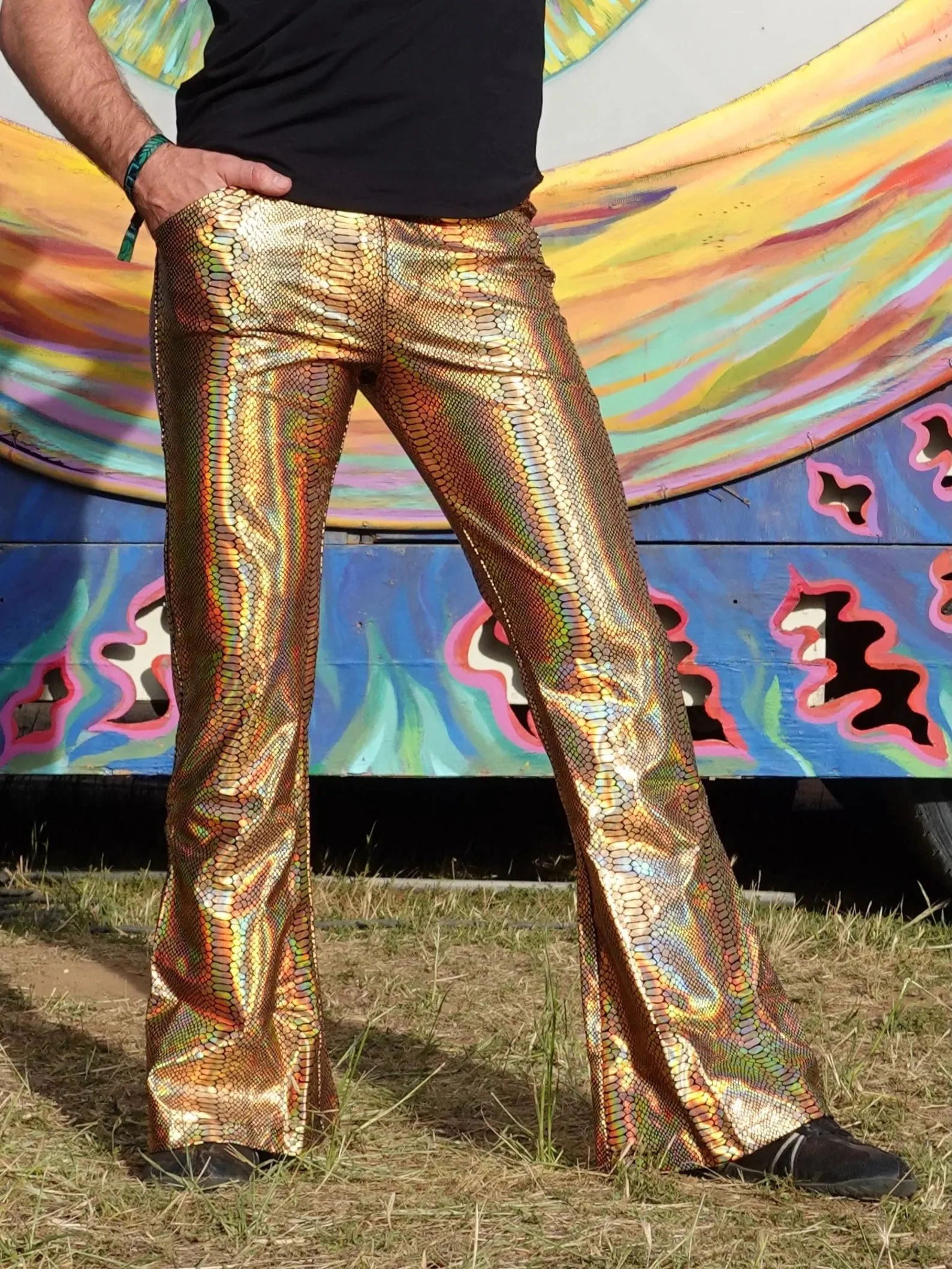 4 Pocket Snake Gold Flare Pants - Holographic Metallic Snake Print Bell Bottoms