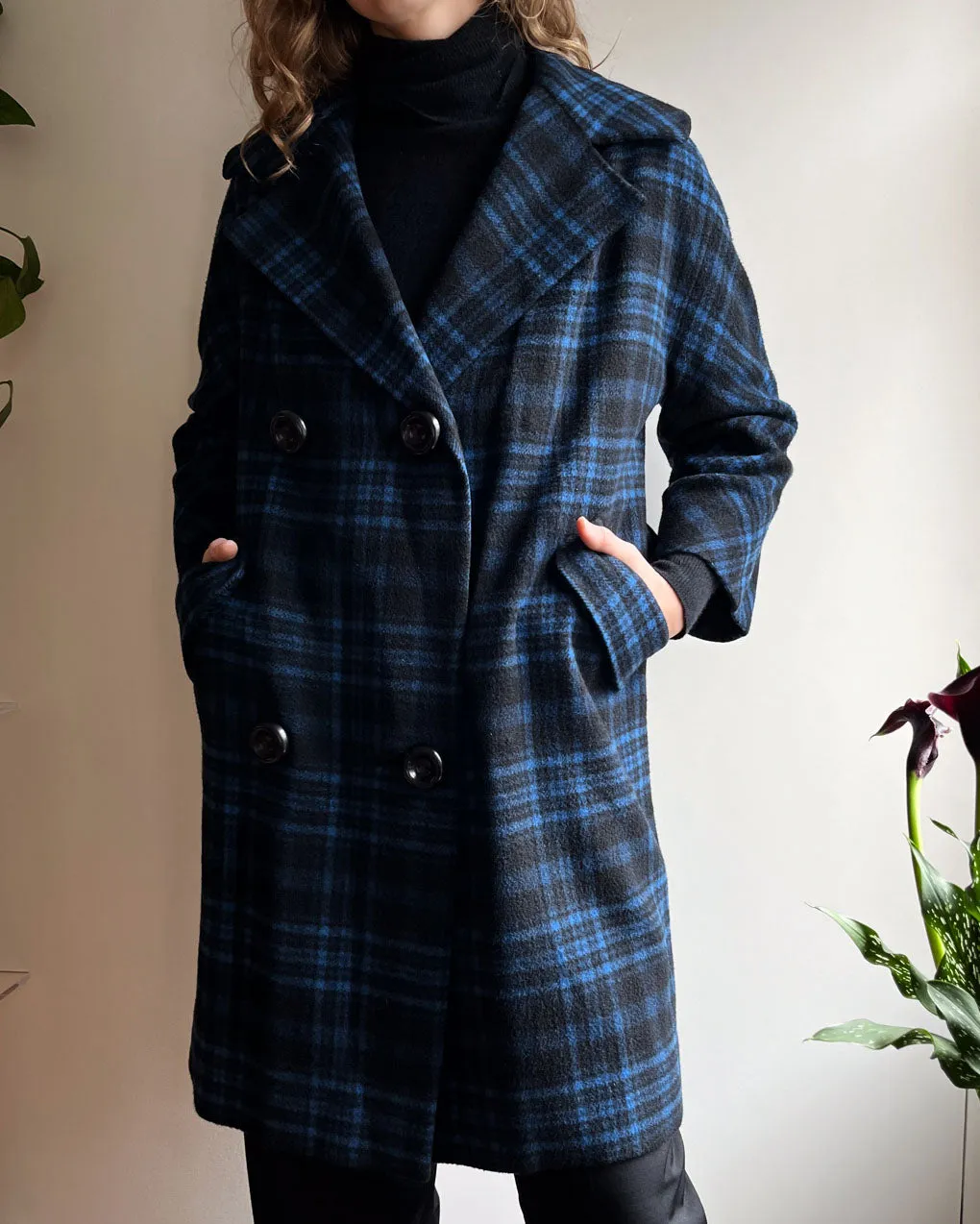 60s Blue Plaid Cashmere Coat | S-M