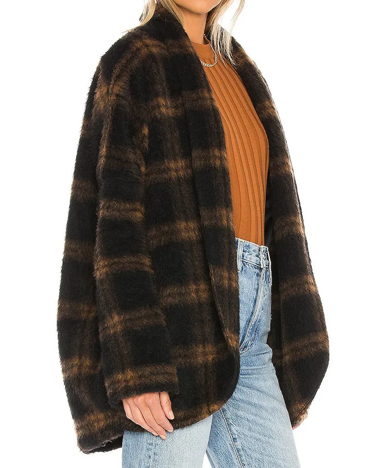 Amanda Uprichard Brown Aspen Cardi Check Cocoon Coat - XS
