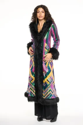 Deluxe Tamo Coat: Rainbow Deco Sequin   Black Faux Fur Trim