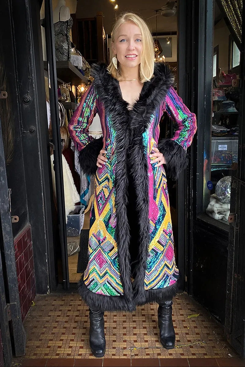 Deluxe Tamo Coat: Rainbow Deco Sequin   Black Faux Fur Trim