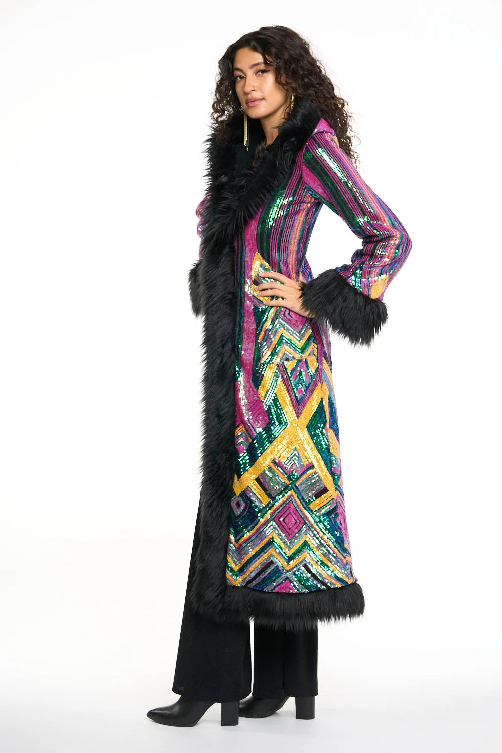 Deluxe Tamo Coat: Rainbow Deco Sequin   Black Faux Fur Trim