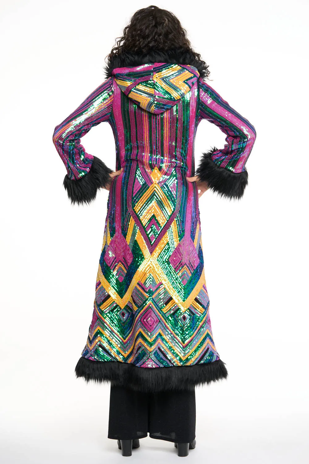 Deluxe Tamo Coat: Rainbow Deco Sequin   Black Faux Fur Trim