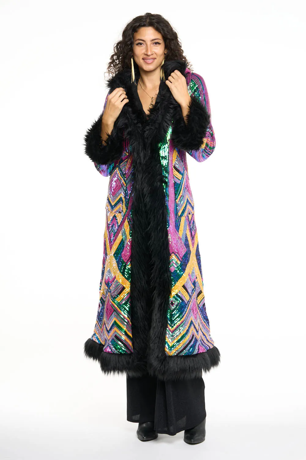 Deluxe Tamo Coat: Rainbow Deco Sequin   Black Faux Fur Trim