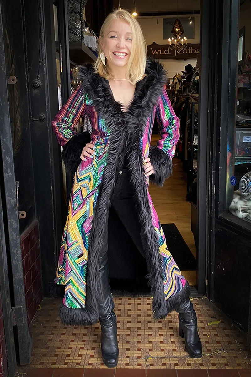 Deluxe Tamo Coat: Rainbow Deco Sequin   Black Faux Fur Trim