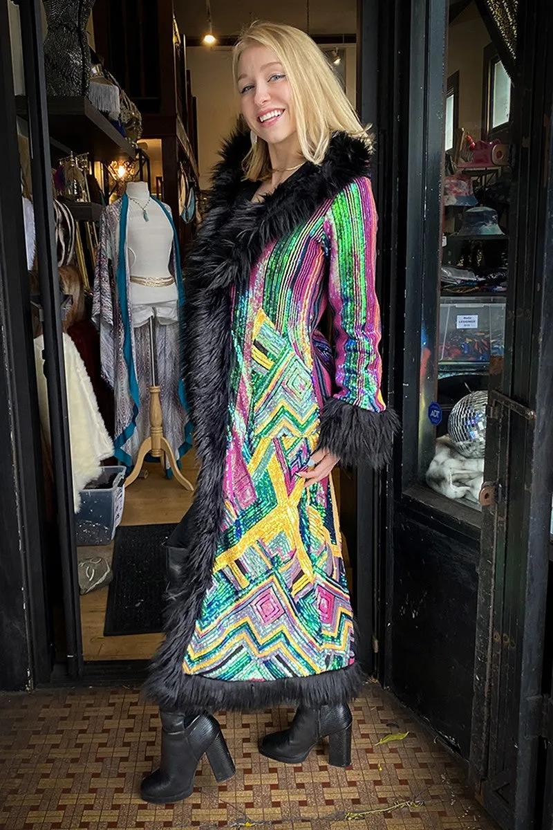 Deluxe Tamo Coat: Rainbow Deco Sequin   Black Faux Fur Trim