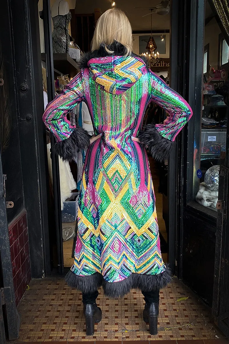 Deluxe Tamo Coat: Rainbow Deco Sequin   Black Faux Fur Trim