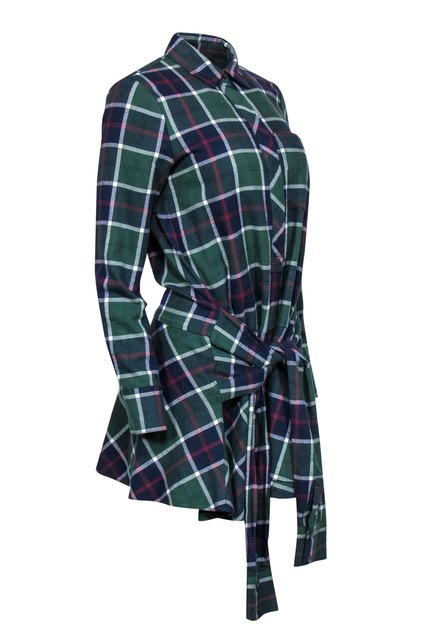 Derek Lam 10 Crosby - Green, Red, Navy & White Plaid Drop Waist Dress w/ Front Tie Sz 4