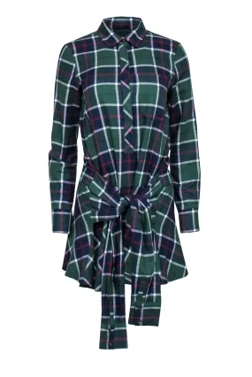 Derek Lam 10 Crosby - Green, Red, Navy & White Plaid Drop Waist Dress w/ Front Tie Sz 4