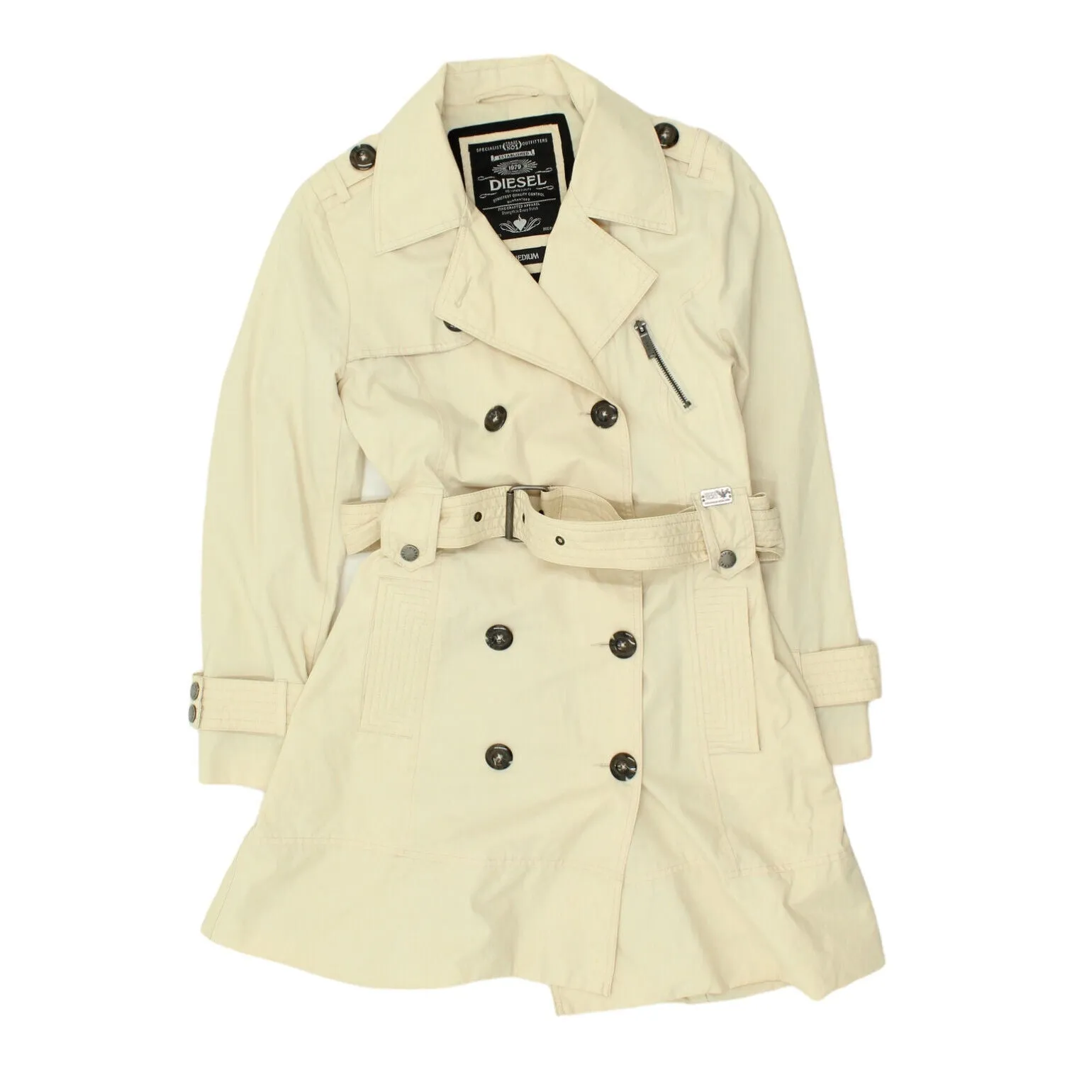 Diesel Womens Beige Double Breasted Trench Coat | Vintage Designer Belted Mac