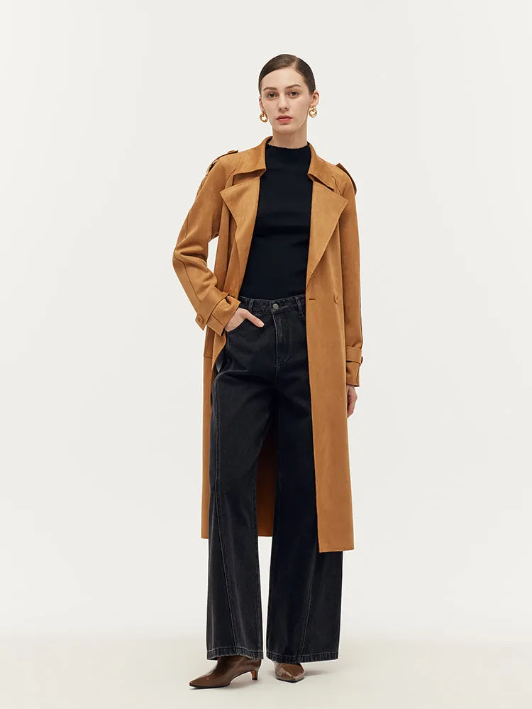 Faux Suede Women Trench Coat With Belt