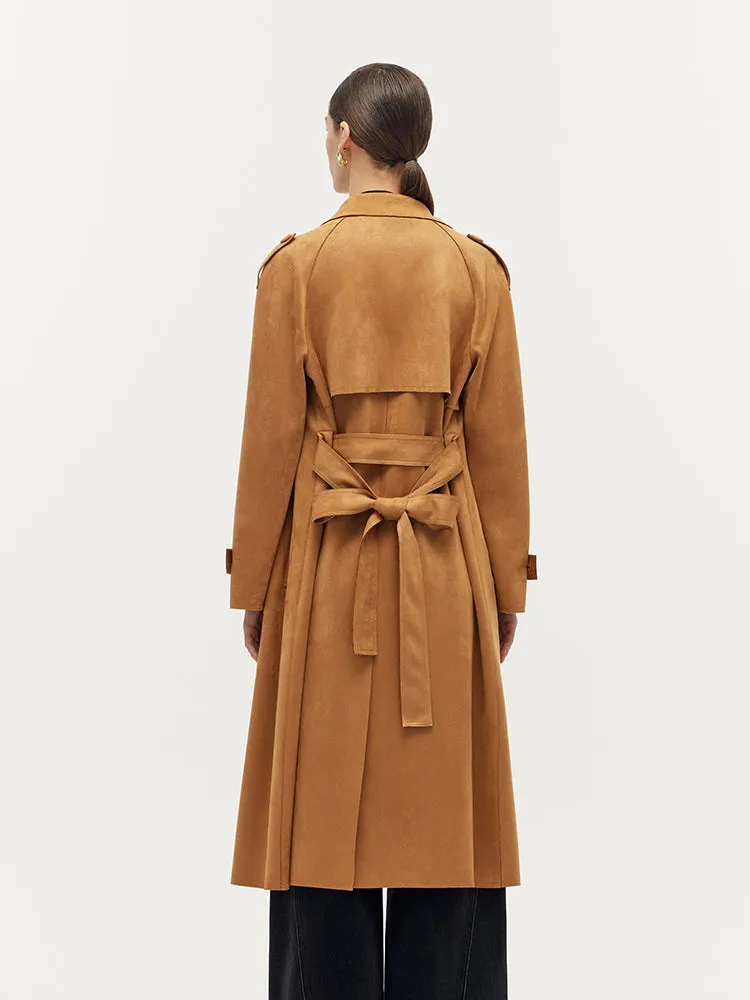 Faux Suede Women Trench Coat With Belt