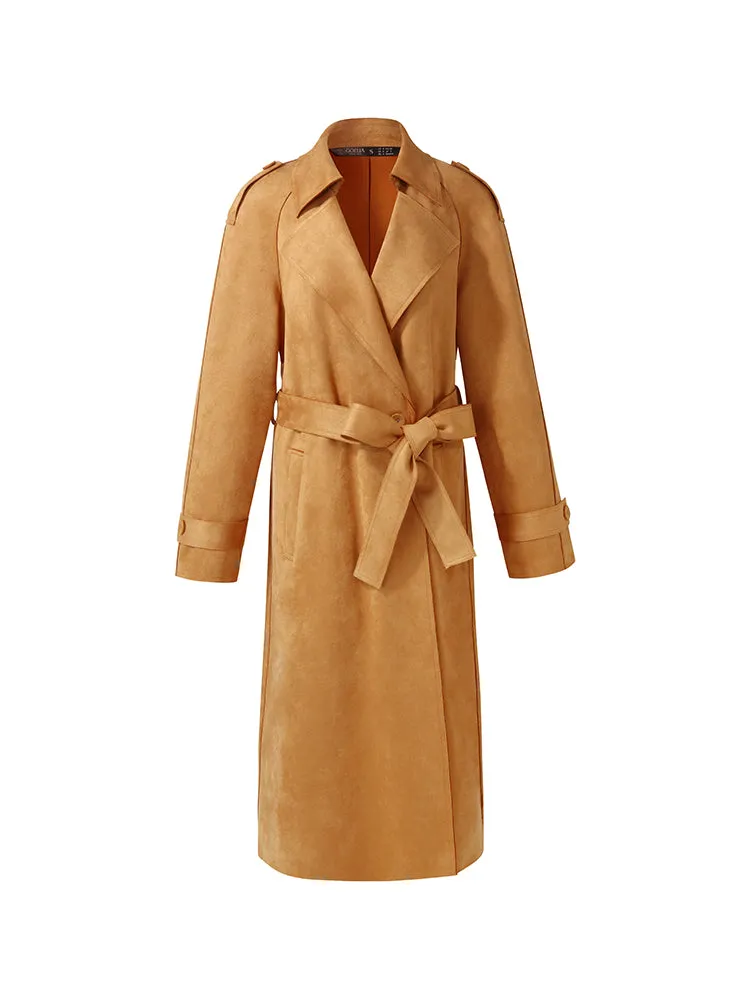 Faux Suede Women Trench Coat With Belt