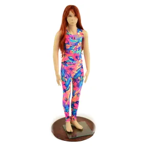 Girls Tahitian Floral UV Glow Leggings and Full Length Sleeveless Top Set