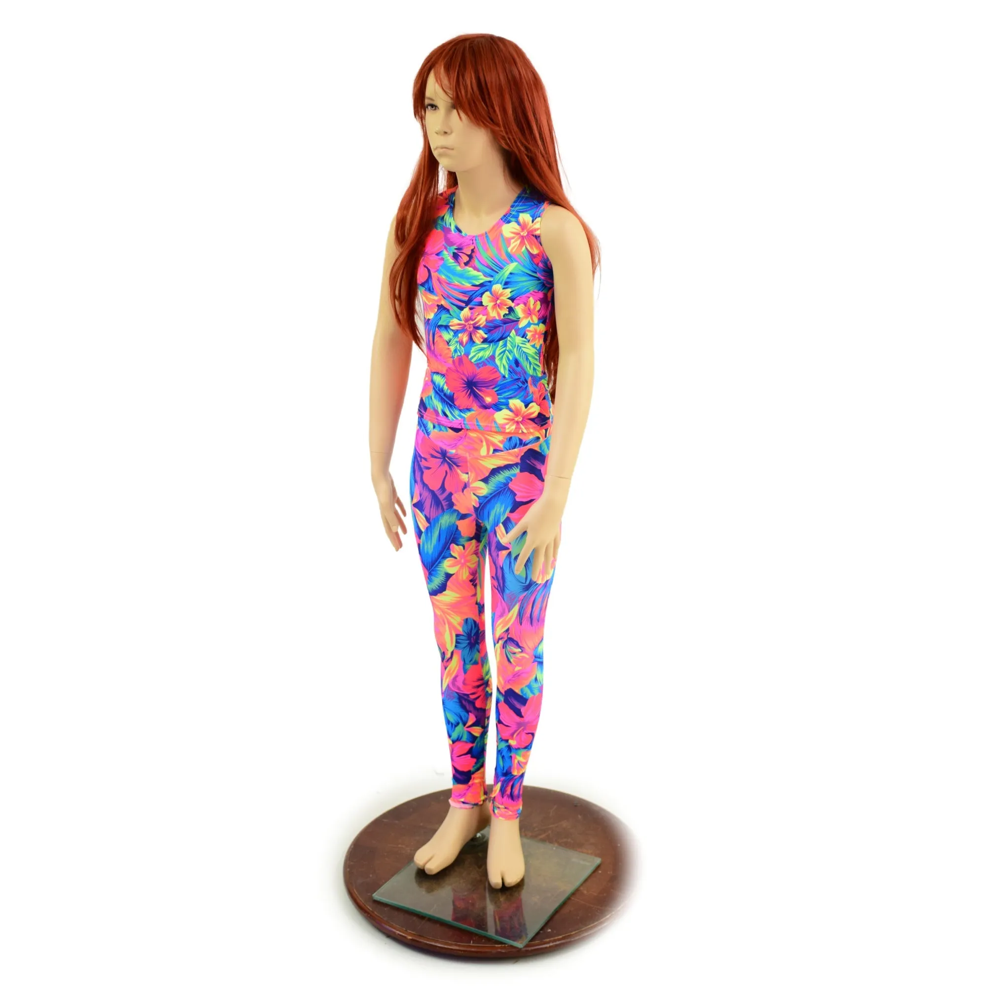Girls Tahitian Floral UV Glow Leggings and Full Length Sleeveless Top Set