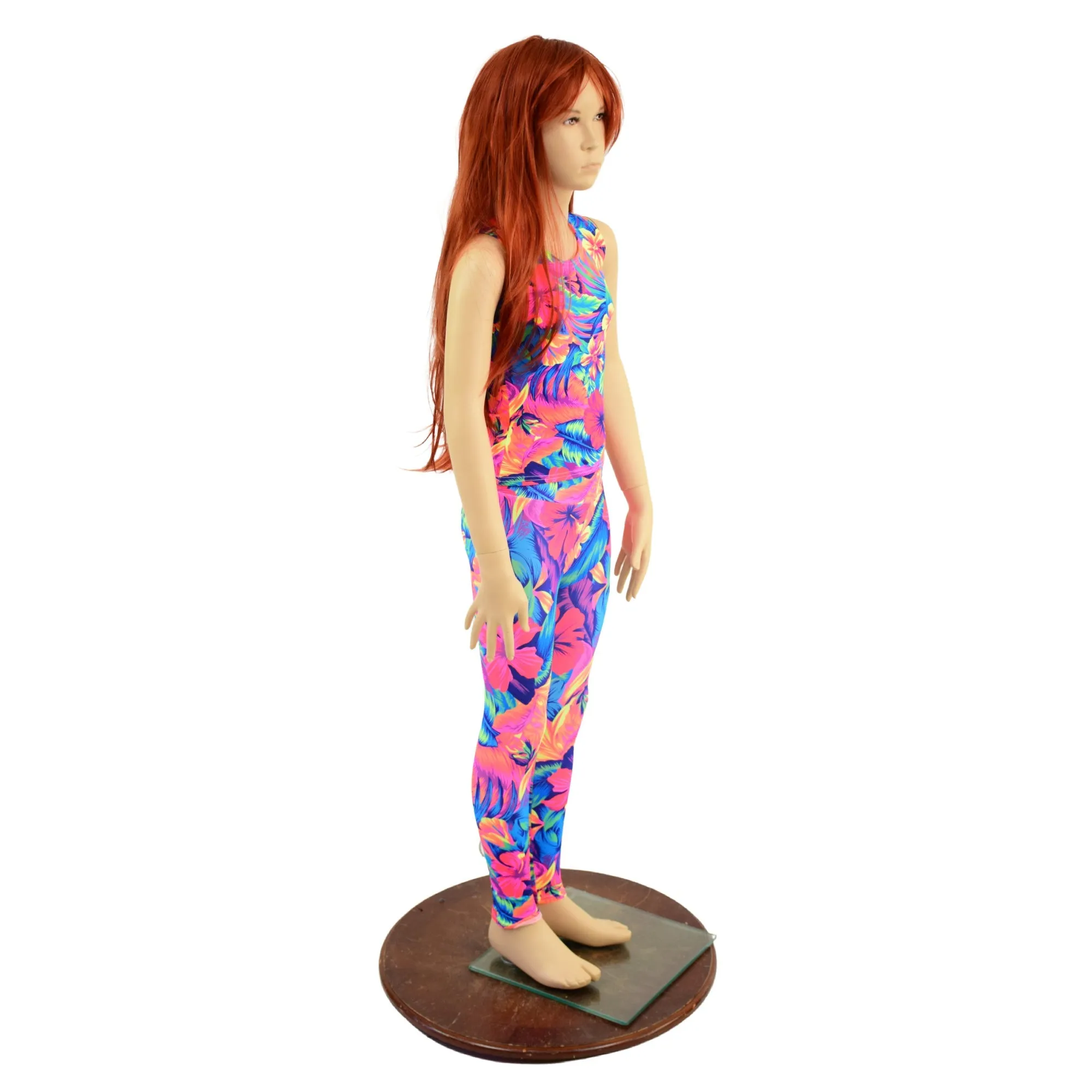 Girls Tahitian Floral UV Glow Leggings and Full Length Sleeveless Top Set