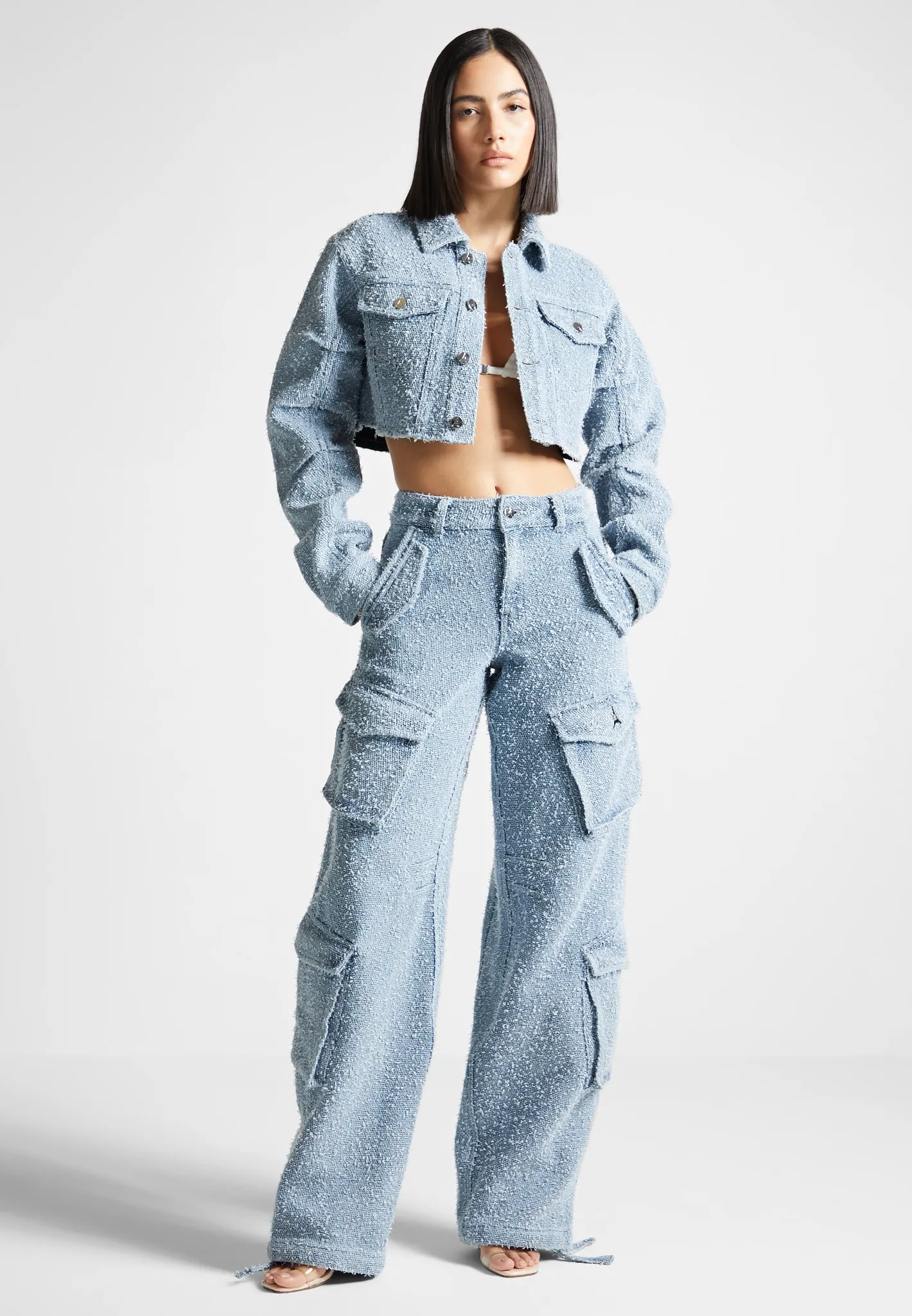 High Waisted Boucle Denim Cargo Pants - Mid Blue