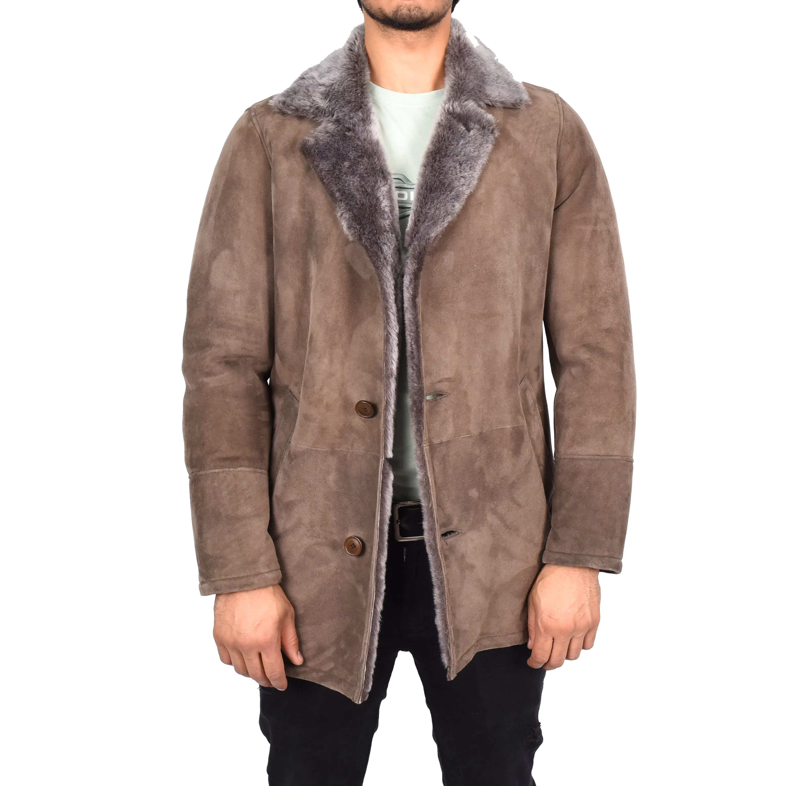 Mens Luxury Merino Sheepskin Classic Car Coat Shearling Walter Taupe