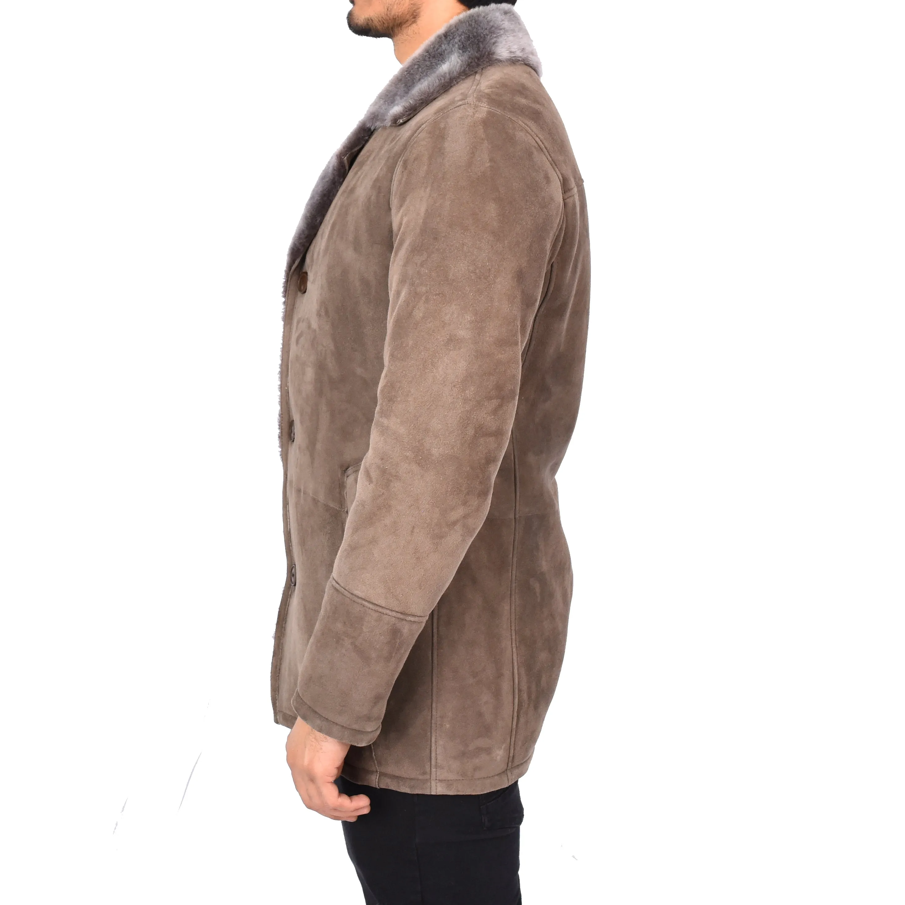 Mens Luxury Merino Sheepskin Classic Car Coat Shearling Walter Taupe