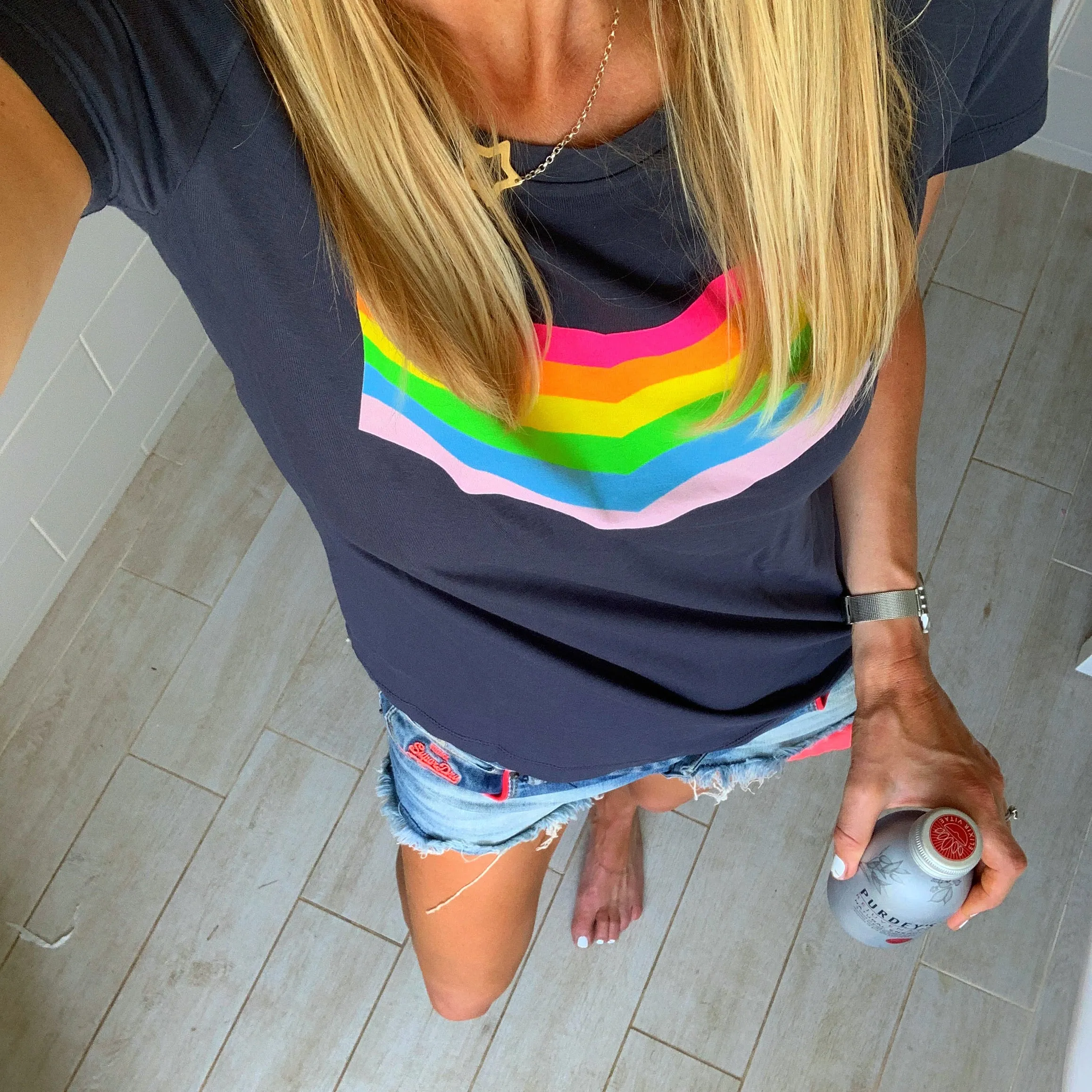 Neon Rainbow chevron charcoal tee