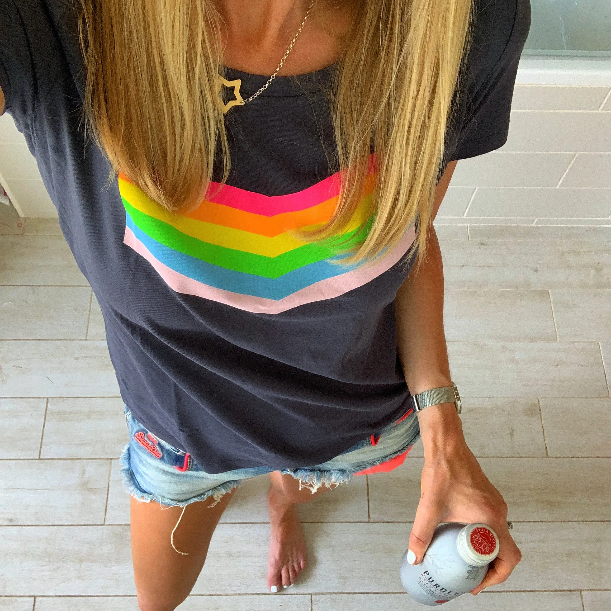 Neon Rainbow chevron charcoal tee