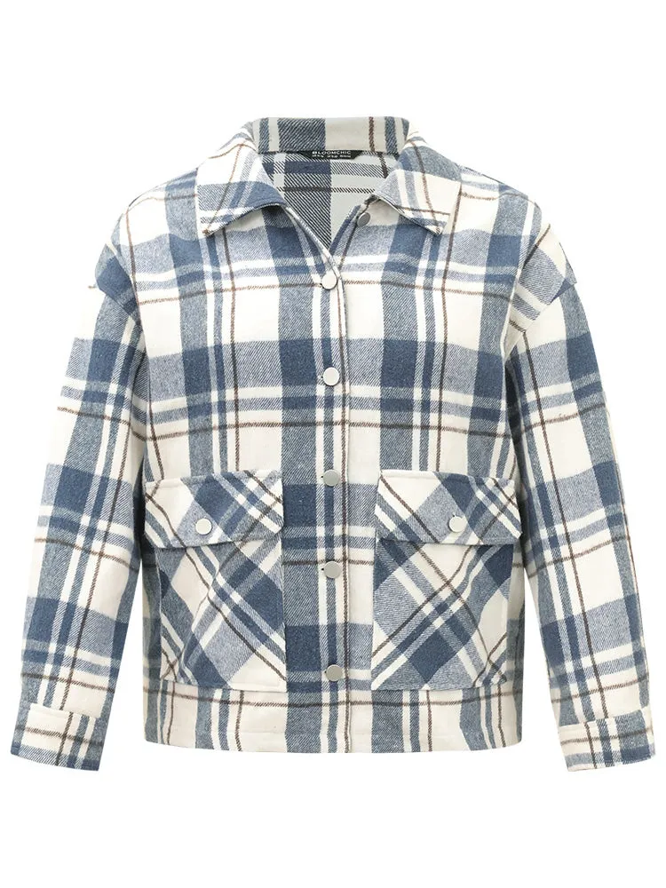 Plaid Lapel Collar Metal Detail Pocket Shacket