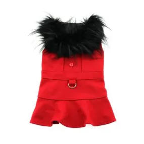 Red Wool Dog Coat with Faux Fur Collar