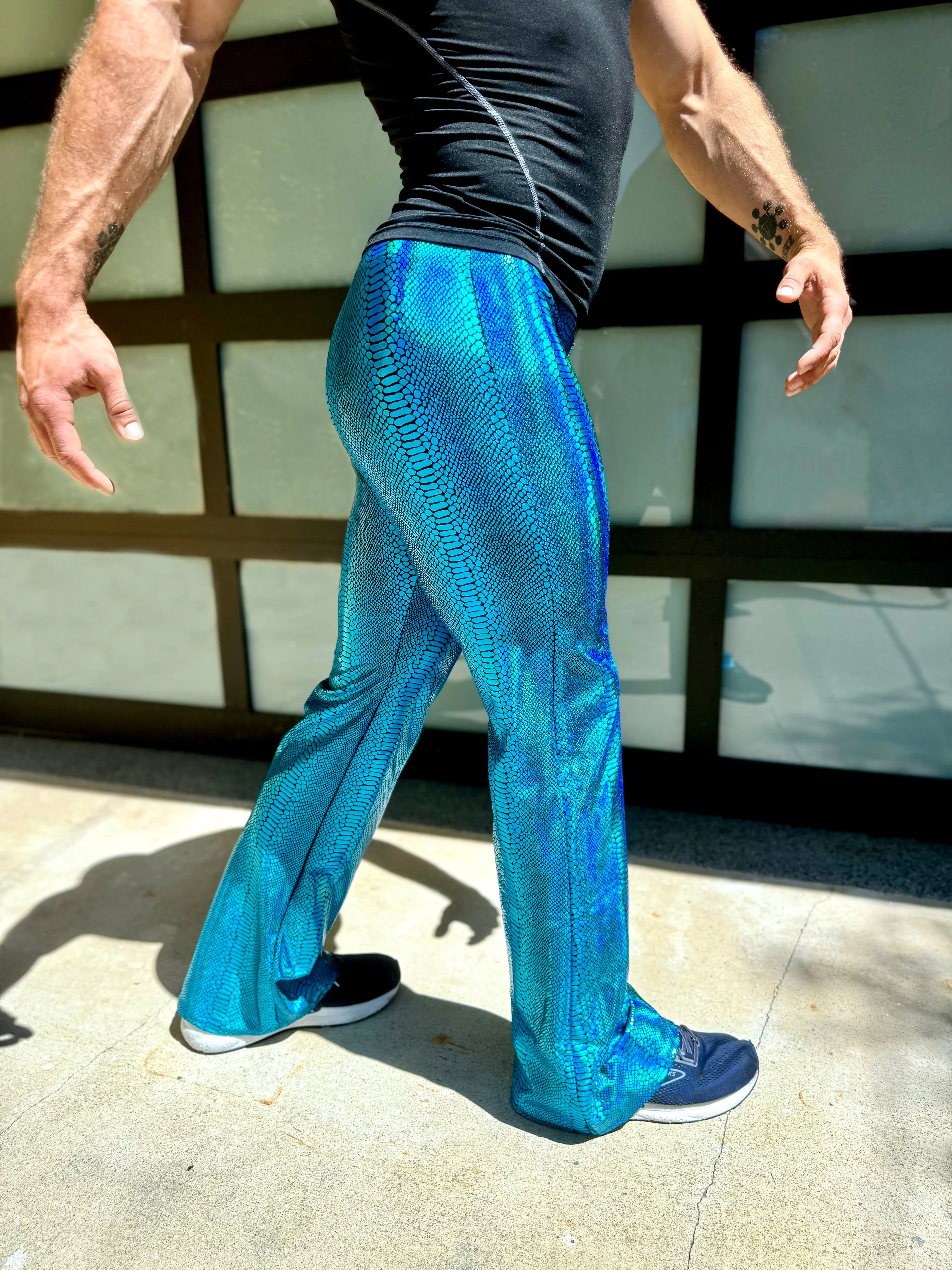 Snake Turquoise: Metallic Mens Flare Pants - Snake Skin Print Bell Bottoms