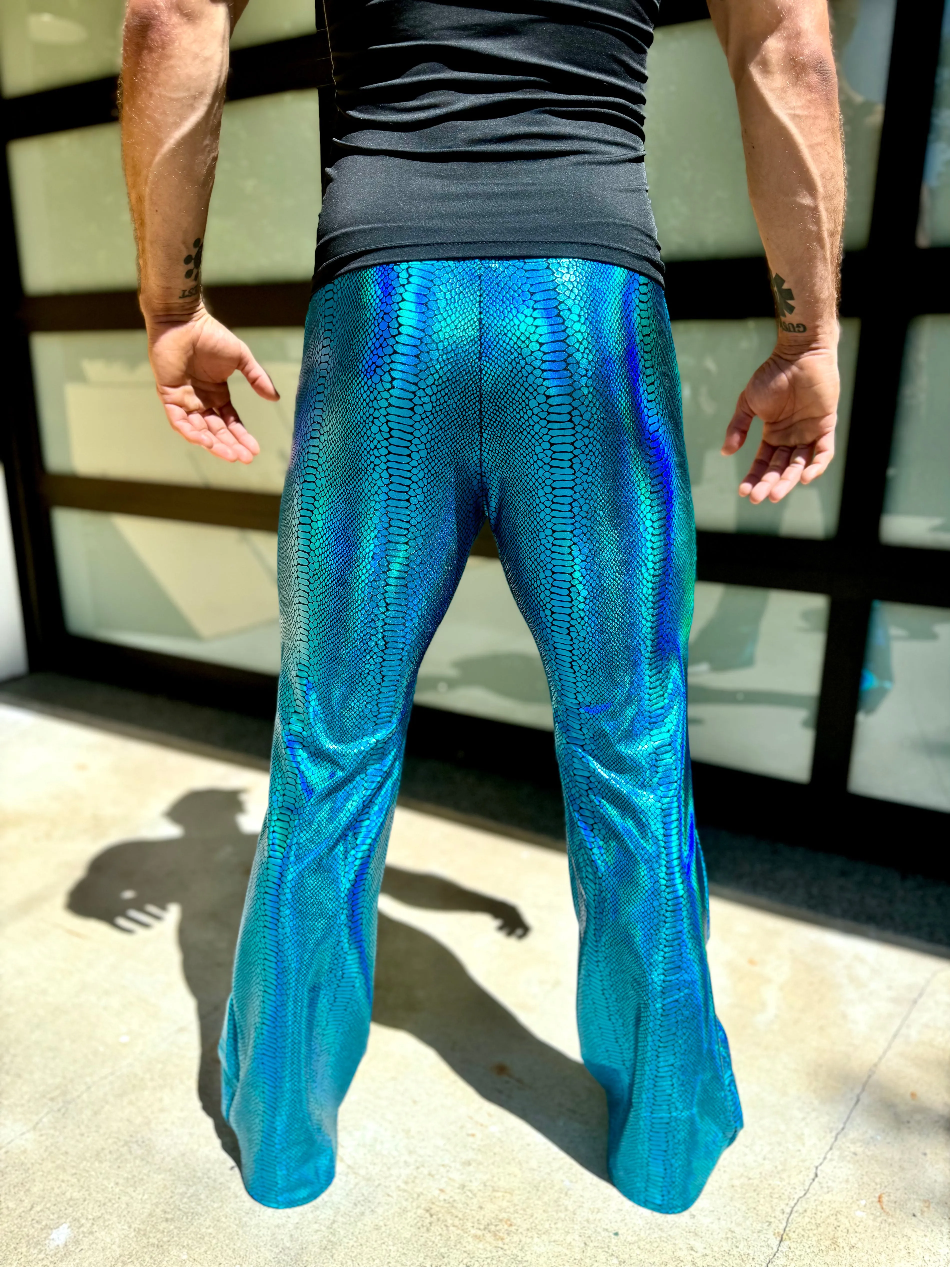Snake Turquoise: Metallic Mens Flare Pants - Snake Skin Print Bell Bottoms