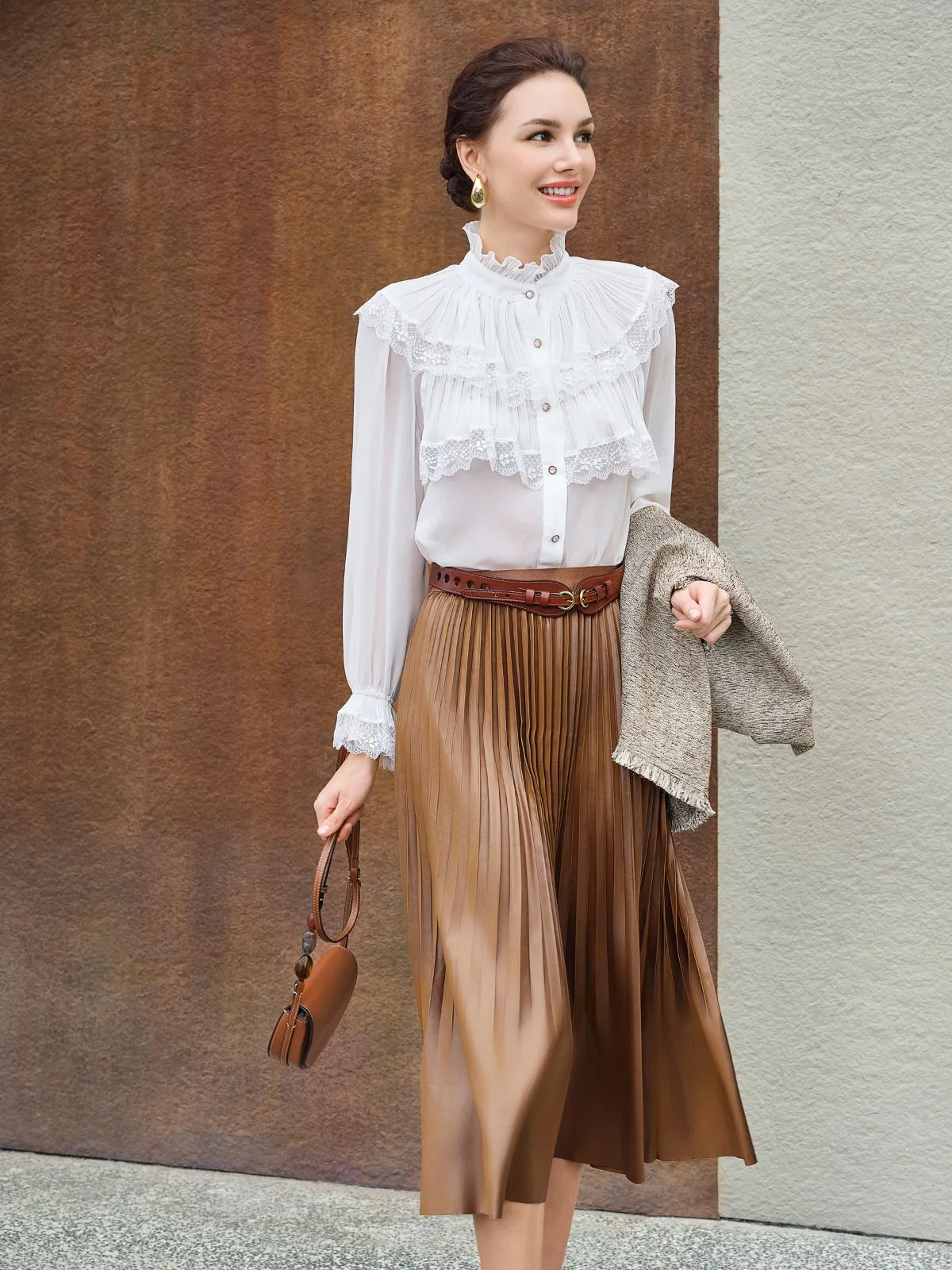 Stand Collar Fleated Lace Blouse