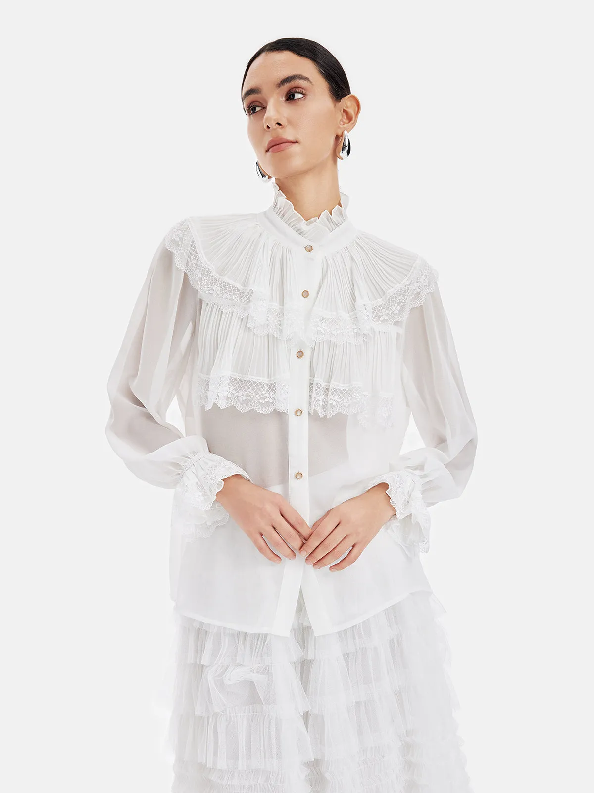 Stand Collar Fleated Lace Blouse
