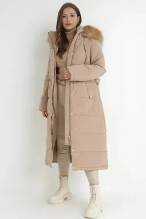 Taupe Winter Versatile Plush Hooded Belt Decor Thermal Cotton Coat