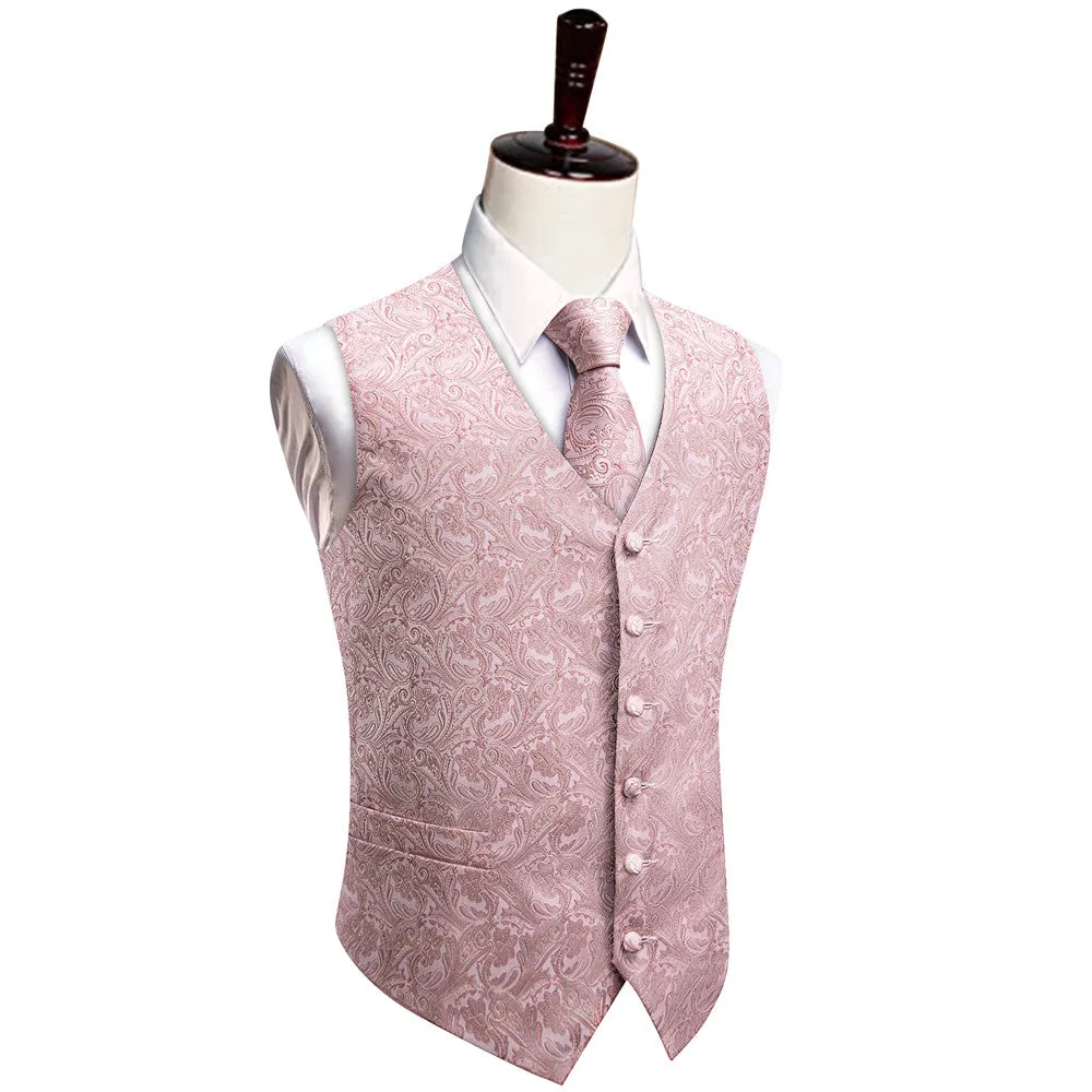 Ties2you Baby Pink Paisley Jacquard Silk Men's Vest Hanky Cufflinks Tie Set