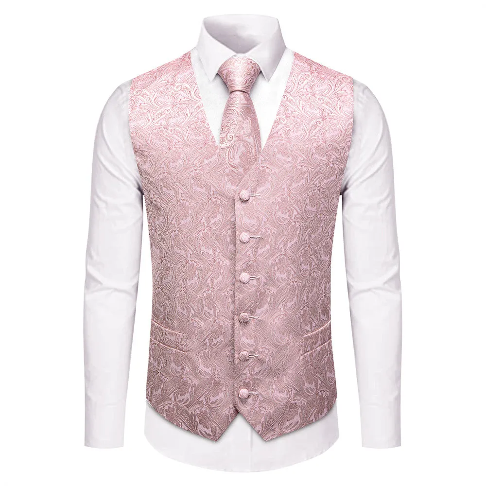 Ties2you Baby Pink Paisley Jacquard Silk Men's Vest Hanky Cufflinks Tie Set