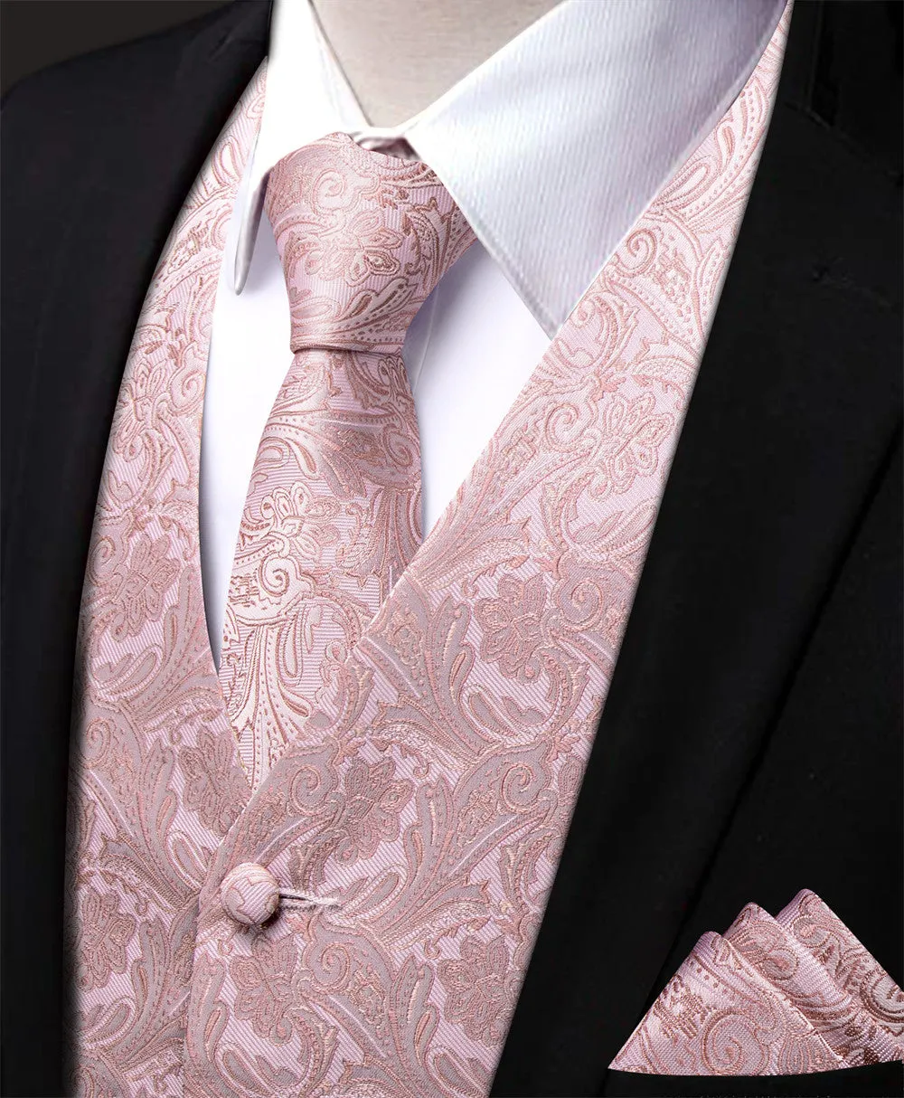 Ties2you Baby Pink Paisley Jacquard Silk Men's Vest Hanky Cufflinks Tie Set