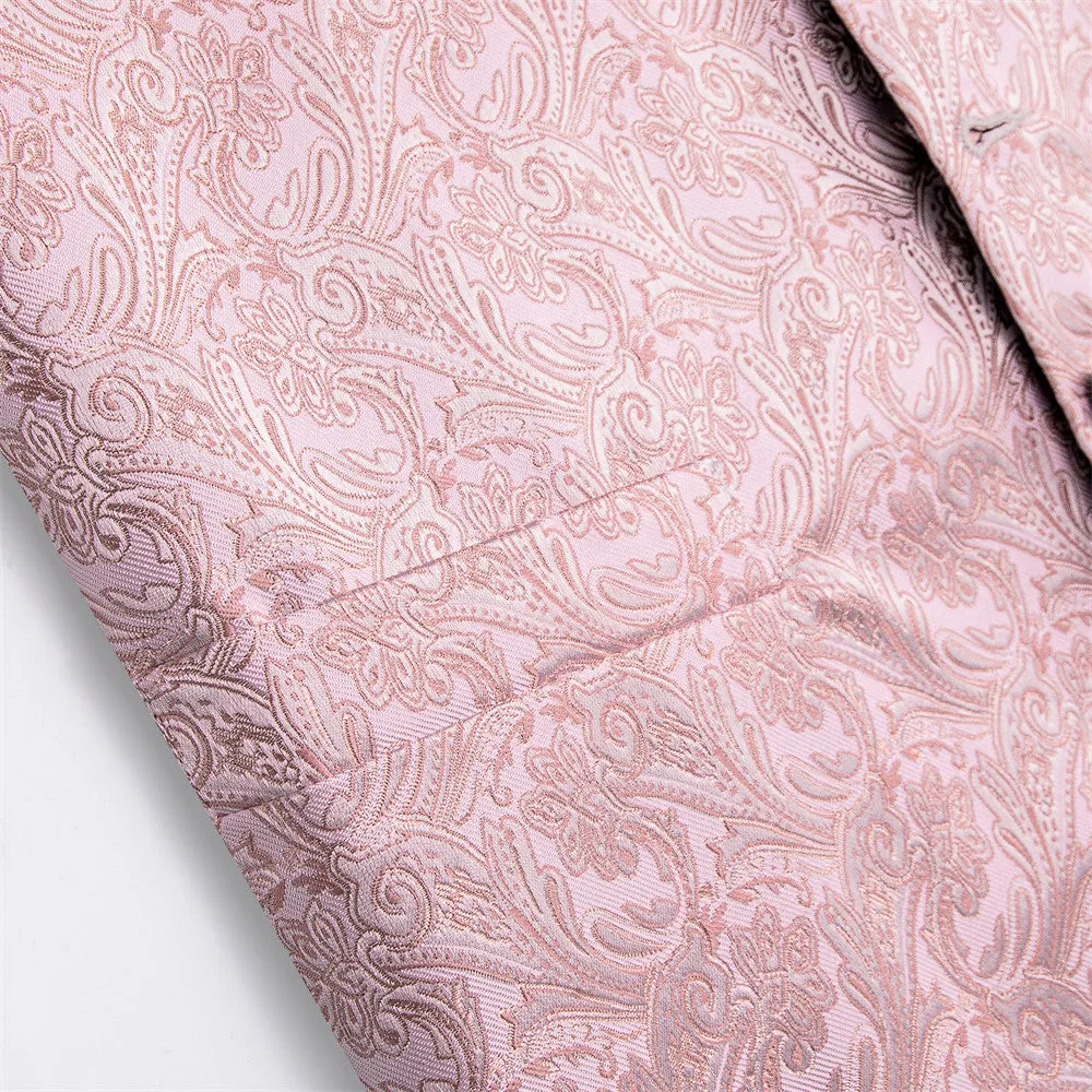 Ties2you Baby Pink Paisley Jacquard Silk Men's Vest Hanky Cufflinks Tie Set