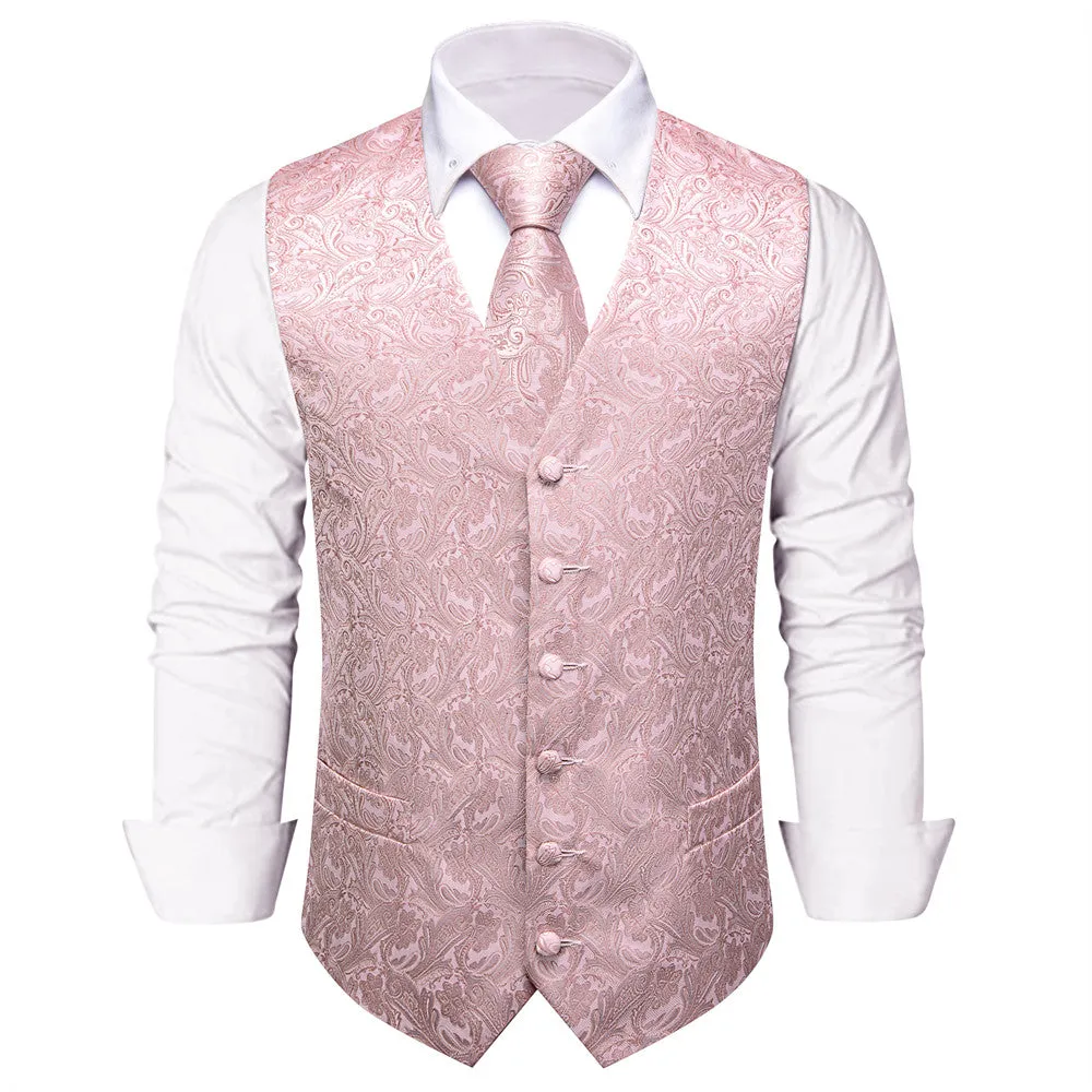 Ties2you Baby Pink Paisley Jacquard Silk Men's Vest Hanky Cufflinks Tie Set