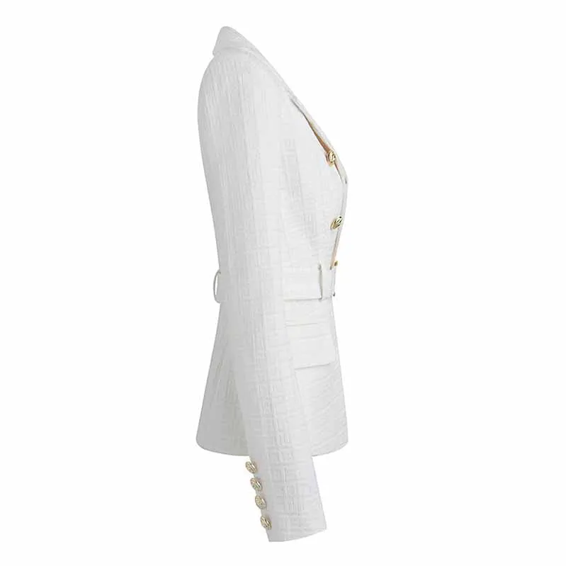 Women's Golden Lion Buttons Fitted Belted Jacket White Color Coat