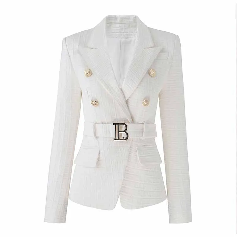Women's Golden Lion Buttons Fitted Belted Jacket White Color Coat