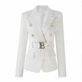 Women's Golden Lion Buttons Fitted Belted Jacket White Color Coat