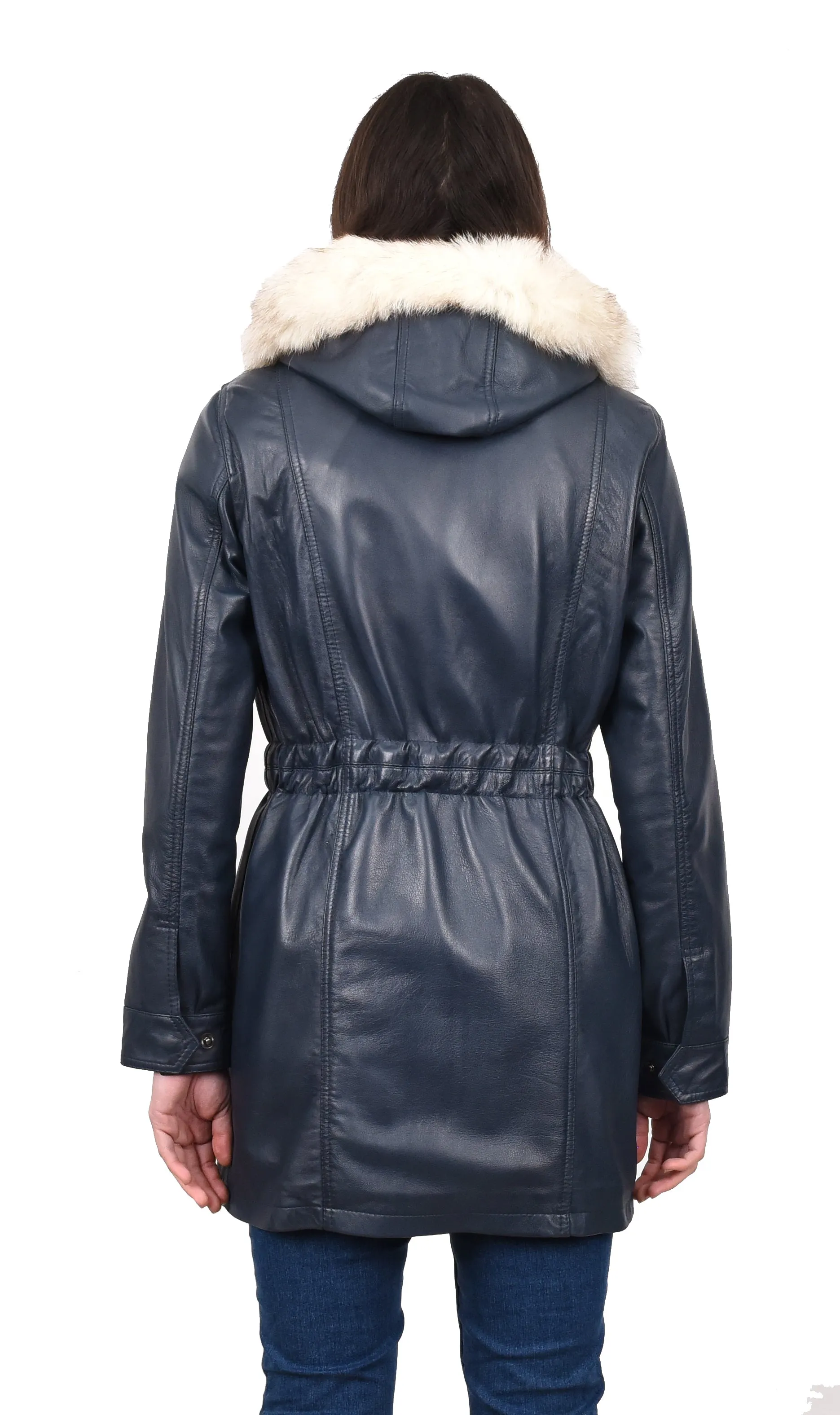 Women's Long Real Leather Coat Detachable Hood with Fur Blue Aerify