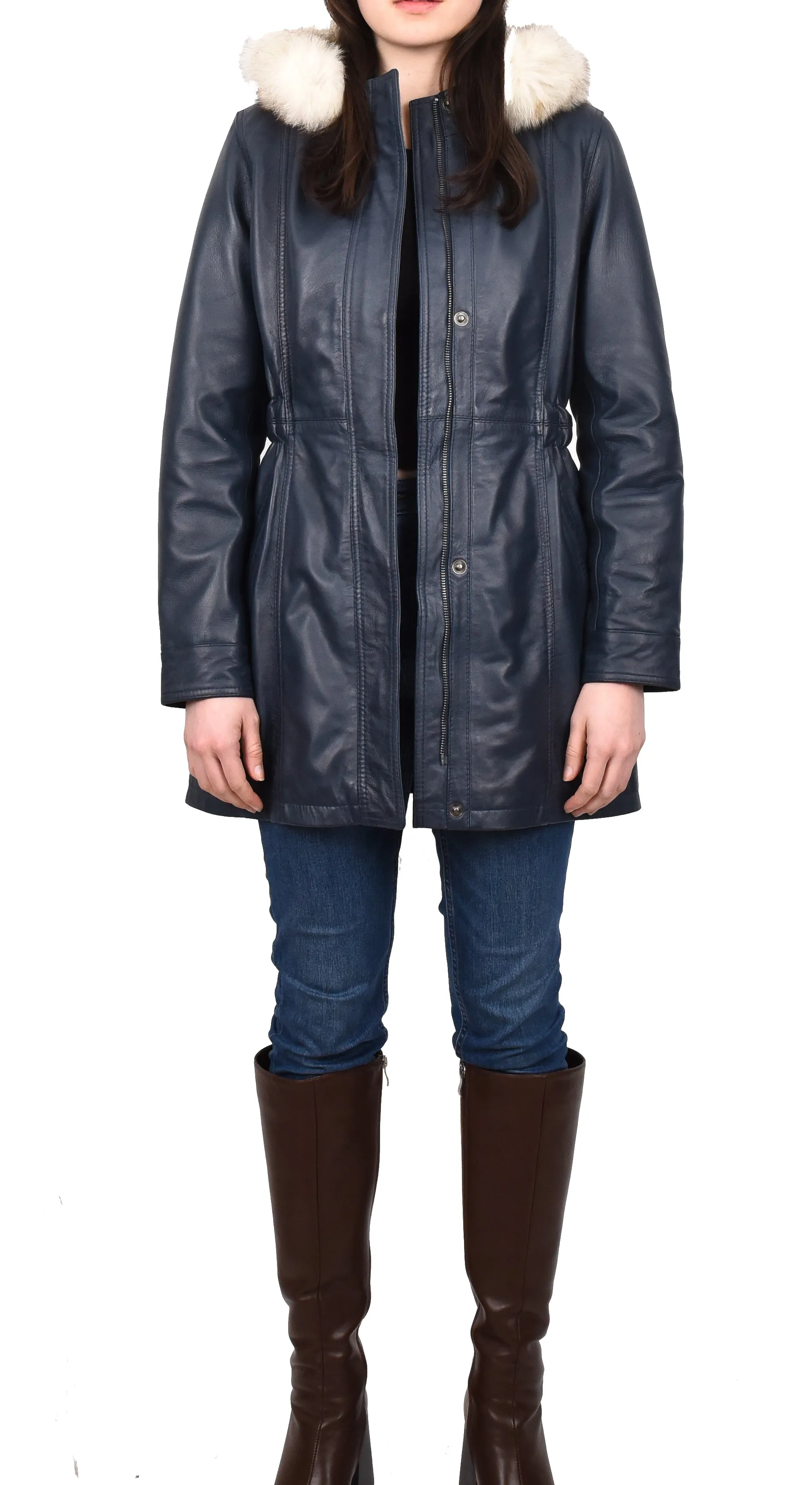 Women's Long Real Leather Coat Detachable Hood with Fur Blue Aerify