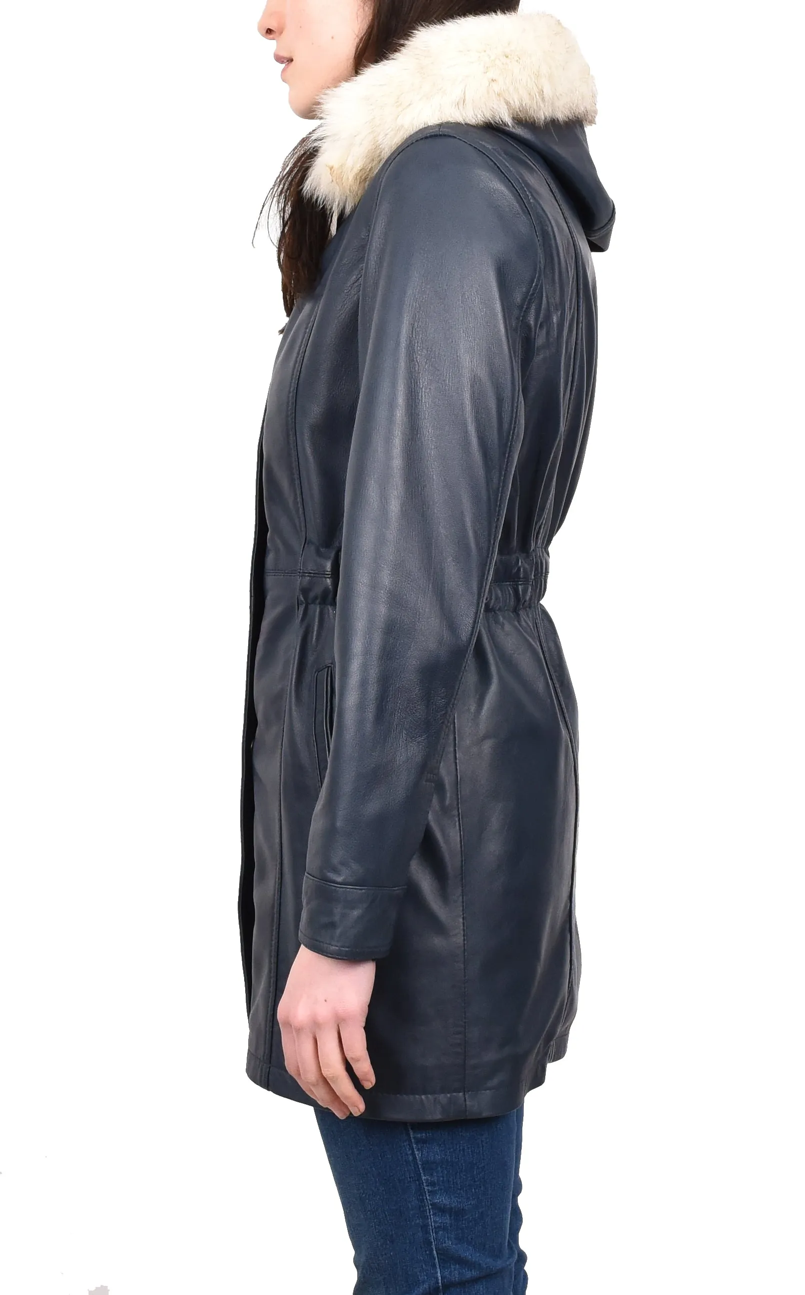 Women's Long Real Leather Coat Detachable Hood with Fur Blue Aerify
