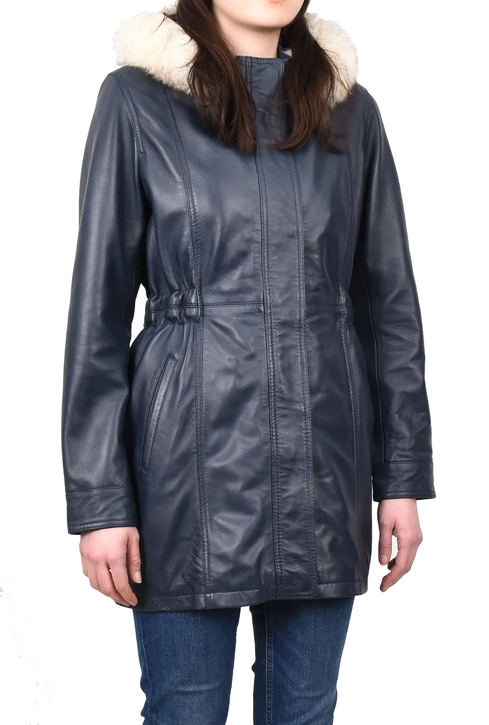 Women's Long Real Leather Coat Detachable Hood with Fur Blue Aerify