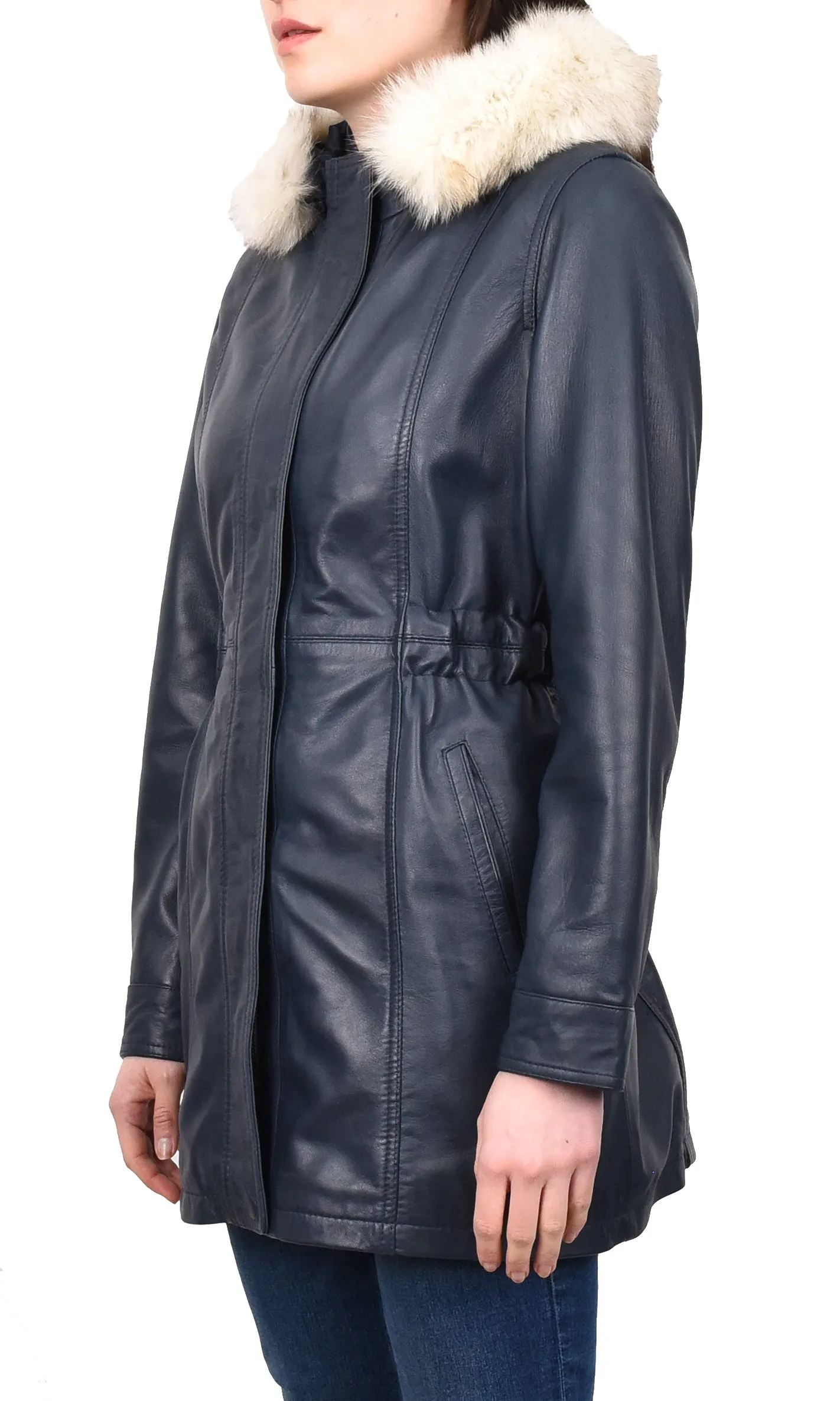 Women's Long Real Leather Coat Detachable Hood with Fur Blue Aerify