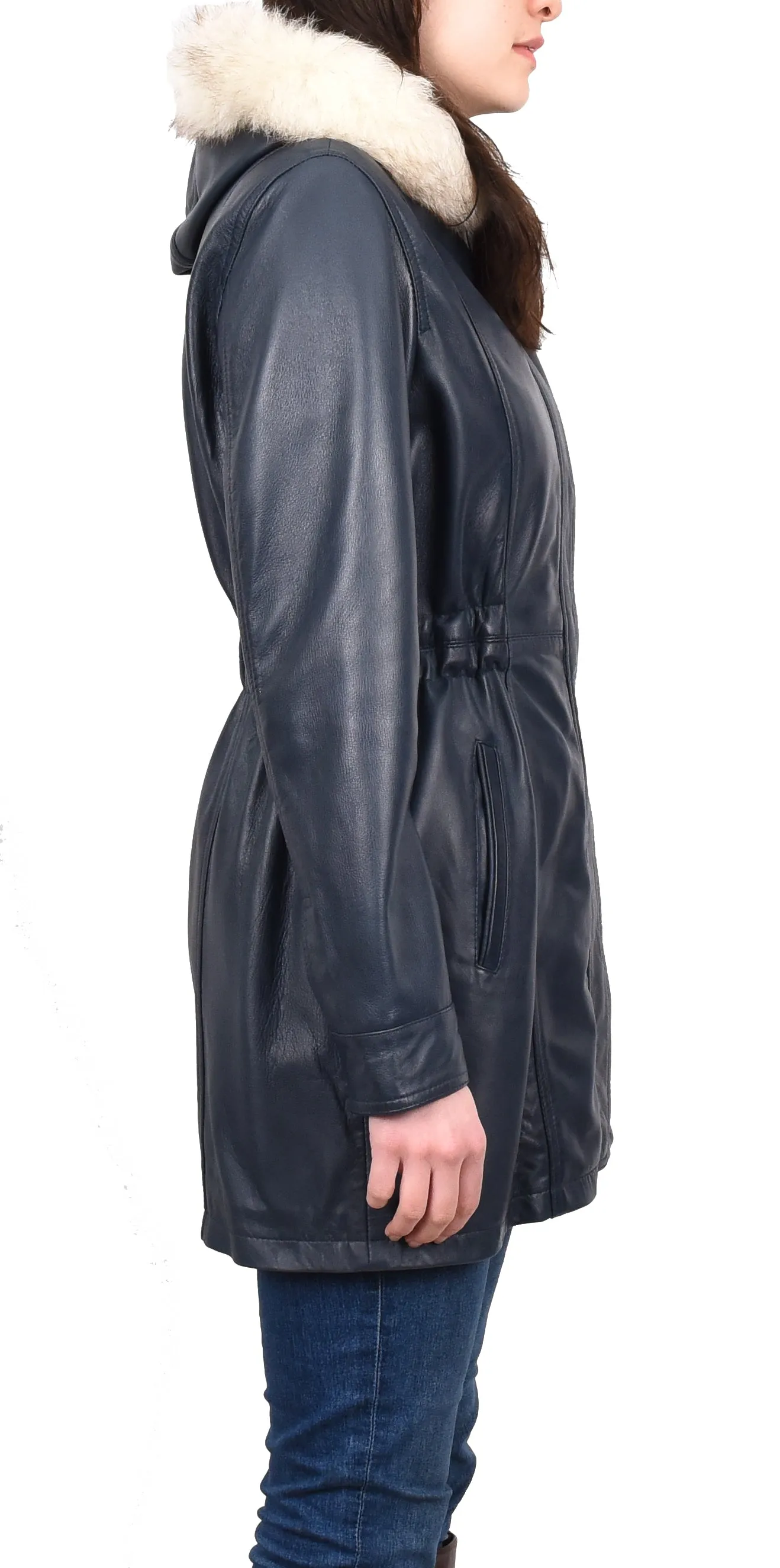 Women's Long Real Leather Coat Detachable Hood with Fur Blue Aerify