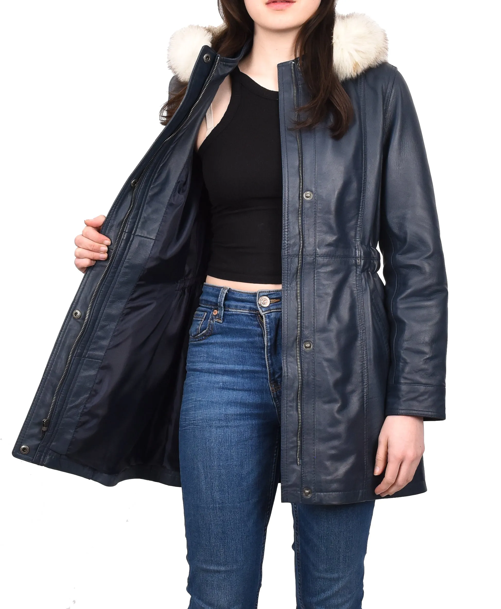 Women's Long Real Leather Coat Detachable Hood with Fur Blue Aerify